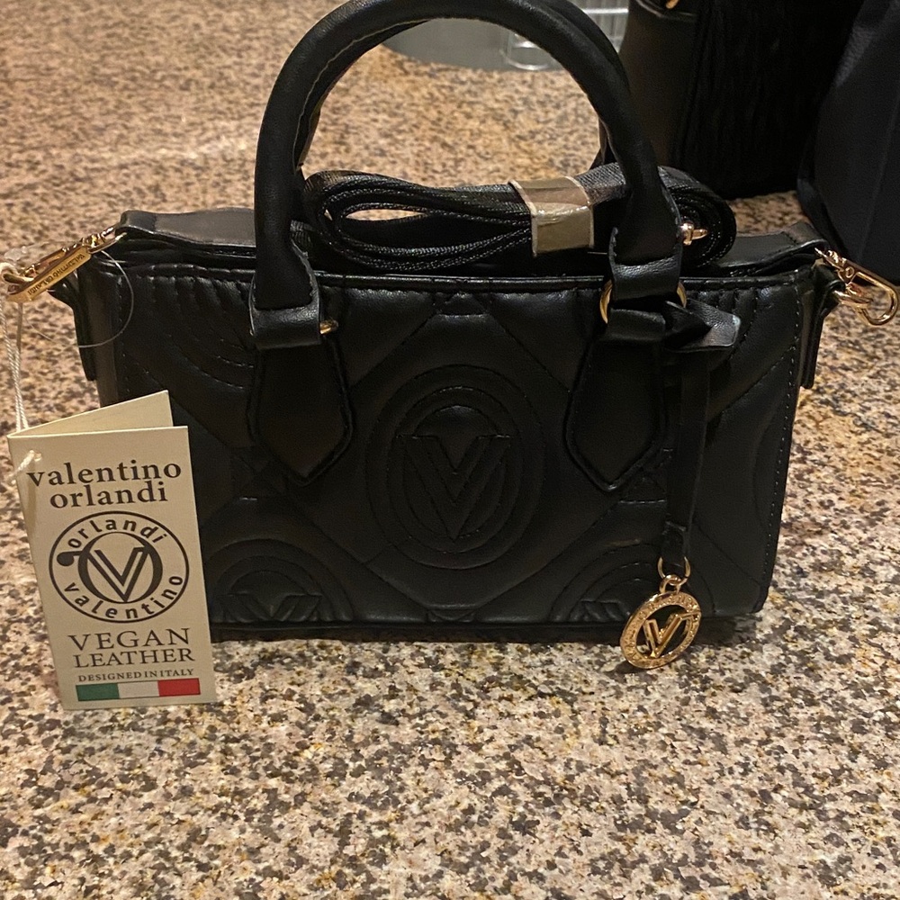 Valentino Orlandi Black Vegan Leather Mini Bag with Gold Details
